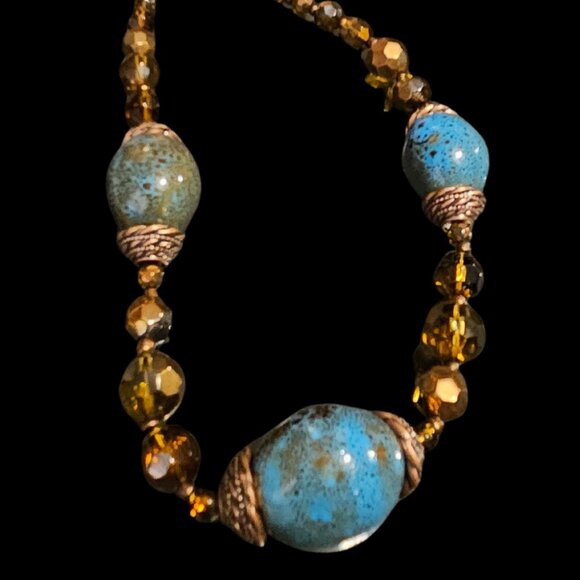 Premier Designs Earthy Artisan Beaded Necklace – Amber & Turquoise Tones - Picture 1 of 3